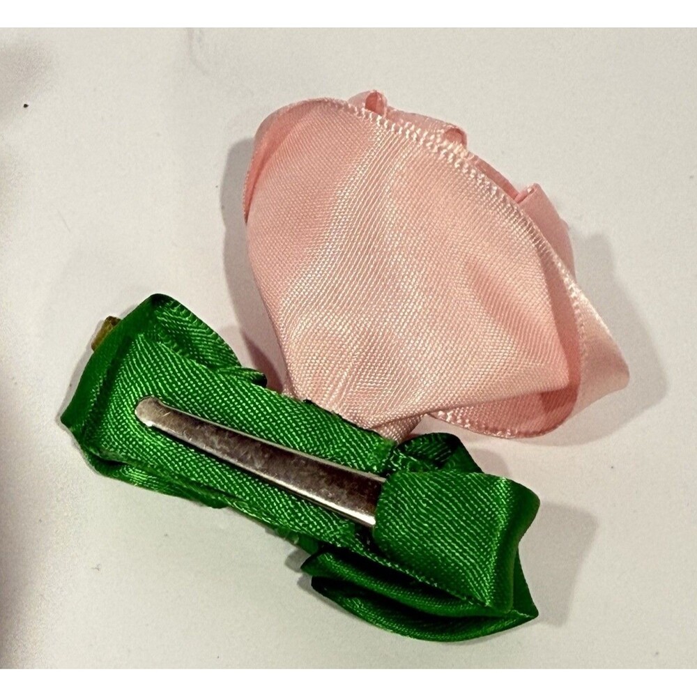 Handmade Satin Rose Hair Clip Pink Flower Green Bow Romantic Cottagecore 2.5 In - Picture 8 of 11